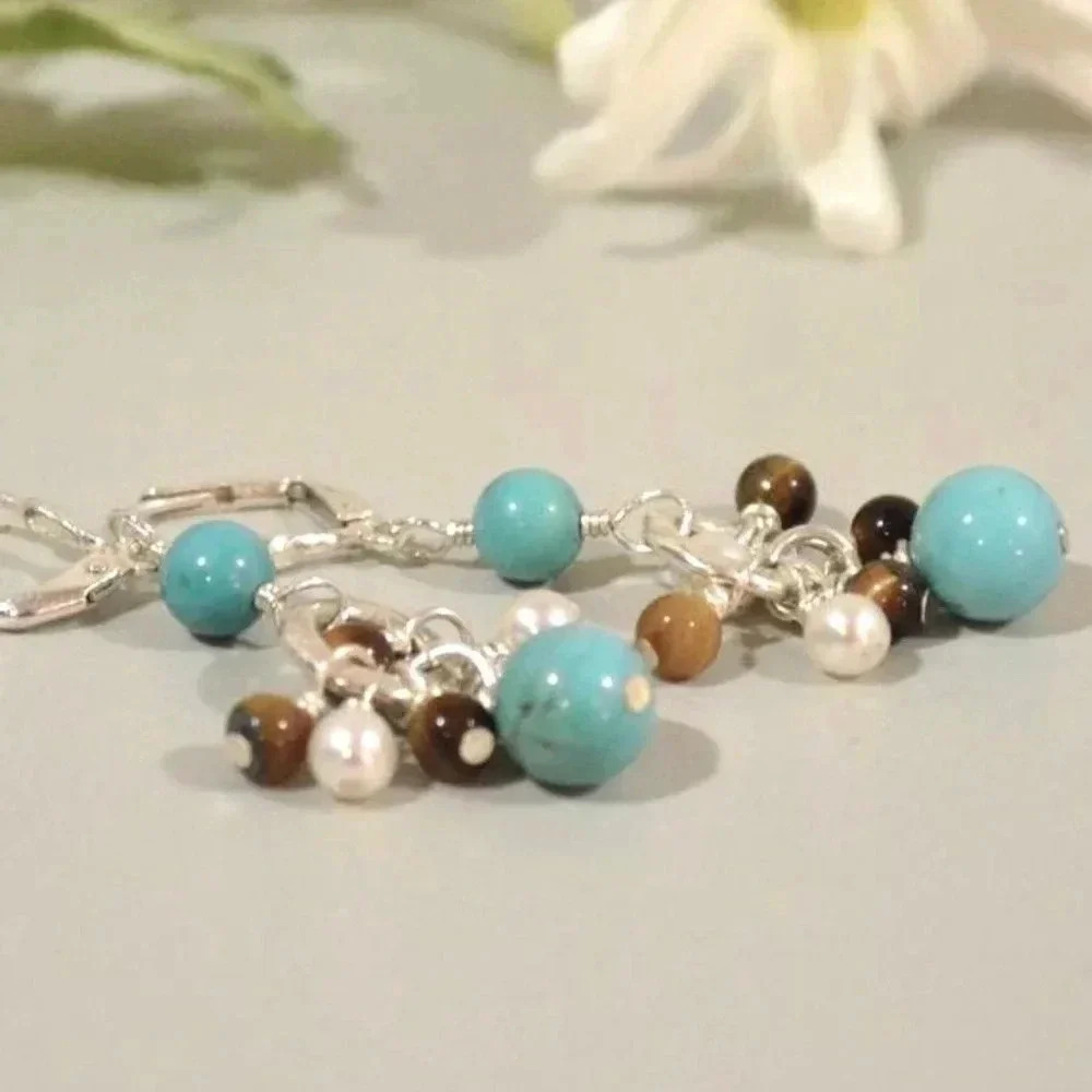 Turquoise Earrings, Tiger Eye, Turquoise, Pearl, Wedding Jewelry,Western Wedding - Picture 3 of 3